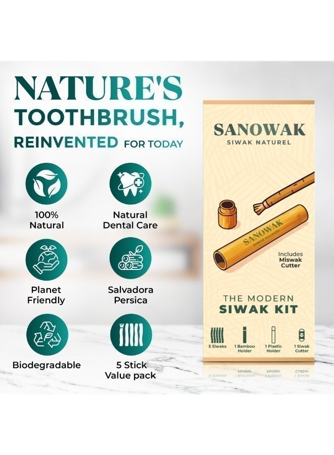 Sanowak Miswak Stick / 100% Natural Siwak Sticks – 5 Organic Wooden Toothbrushes with Plastic Holder | Teeth Whitening & Oral Care | 100% Chewable & Antibacterial | Eco-Friendly & Vacuum Sealed | Meswak | Sewak - Image 2